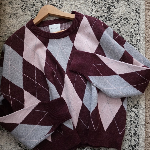 Pink Rose Sweaters - SOLD Argyle Crewneck Sweater Pink Rose Womens M NWT Maroon Pink Gray Academia
